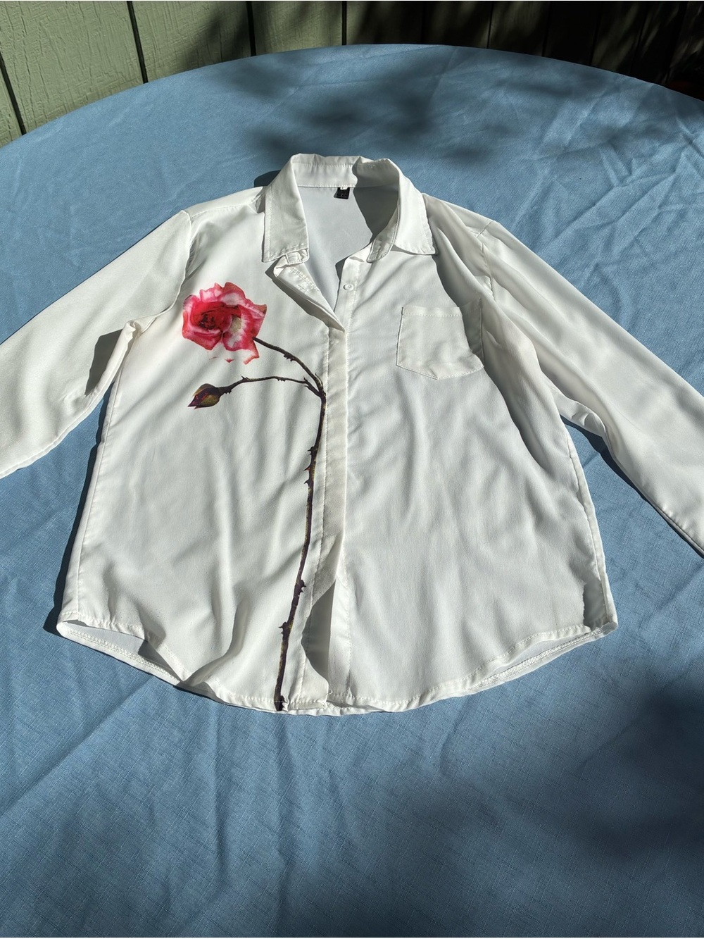White Shirt with Pink Floral Print - women’s Button-Up